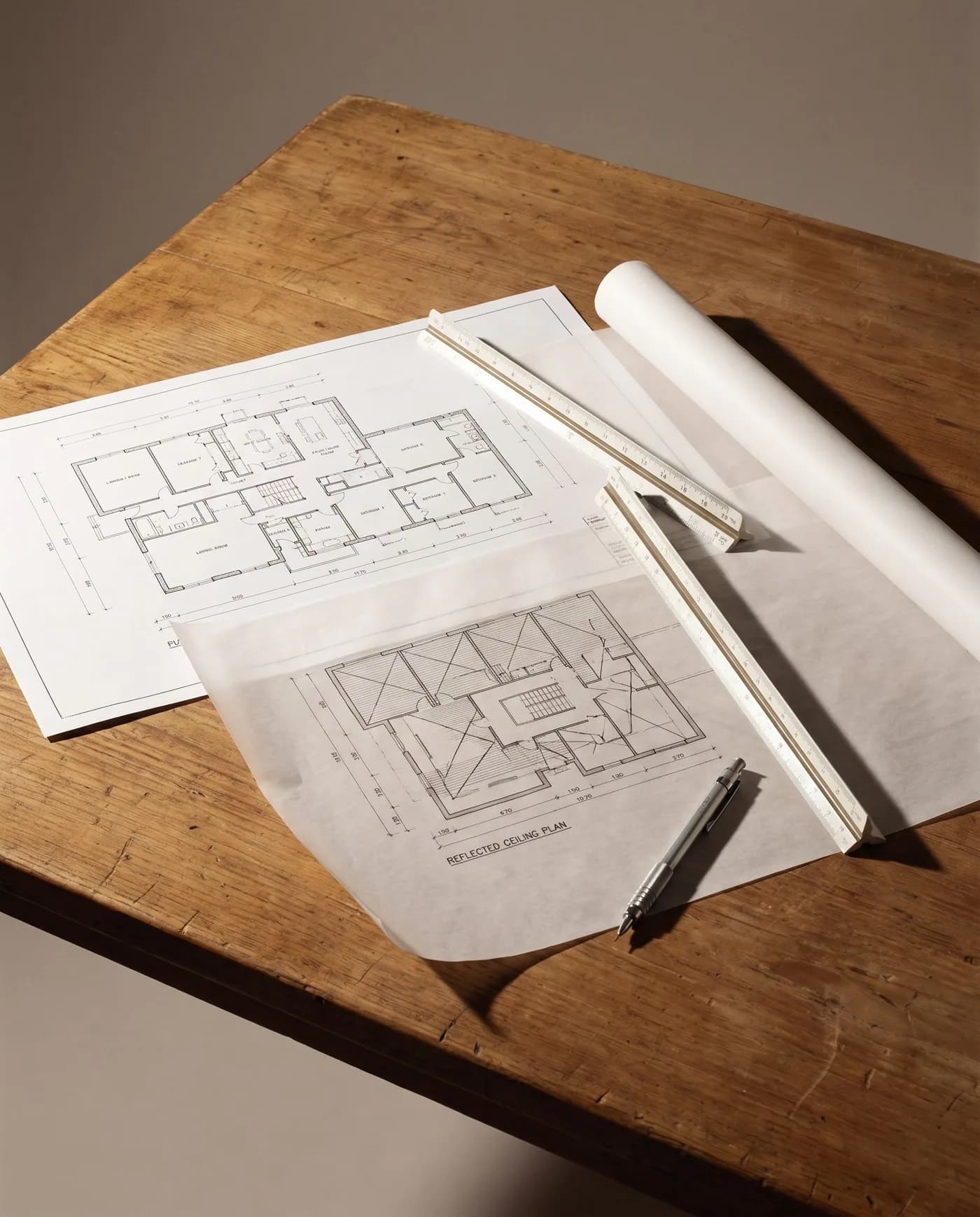 A drawings-coordination desk with overlaid services layouts and markup.