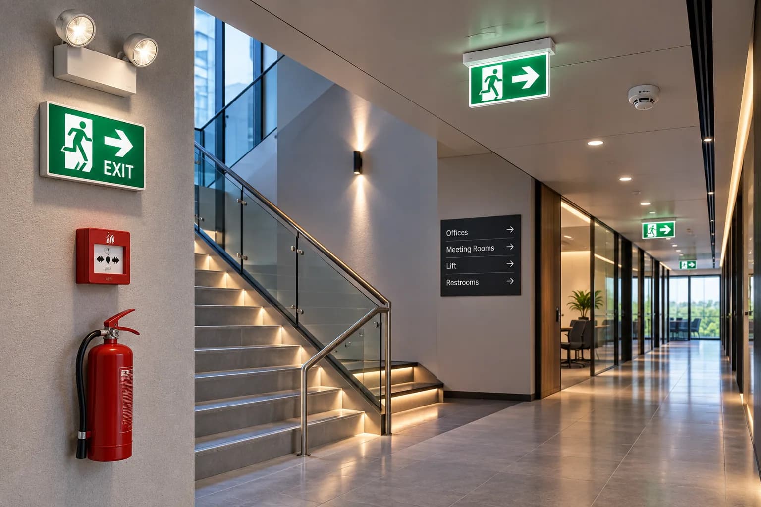 Emergency Lighting & Egress Signage — representative visual (illustrative scene, not a project photograph)