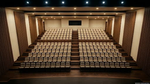Photoreal top-down render of a premium 192-seat corporate auditorium with stage, wood-slat acoustic walls, and 8-row seating grid.