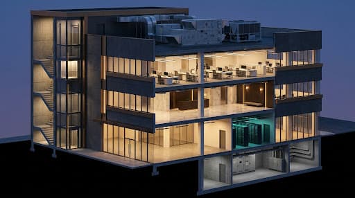 Photoreal isometric cutaway of a reference 5-storey commercial building — basement plant room, retail ground floor with server room, lobby, offices and rooftop plant.