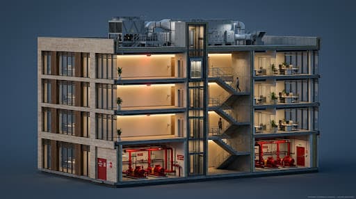Photoreal isometric cutaway of a 5-floor commercial building — visible lift shaft, zig-zag stairwell, rooftop AHU, ground-floor hydrant pump room with red pumps, smoke detector on Floor 3 corridor ceiling.