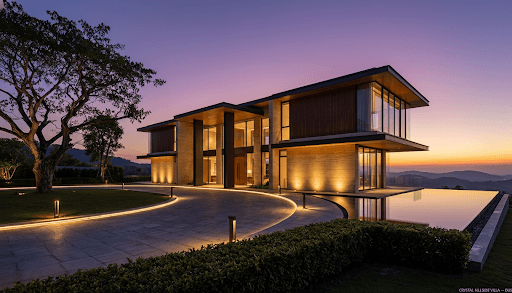 Hillside villa at dusk with full architectural lighting — façade graze at 100%, warm pool, tree uplights, every interior room lit.