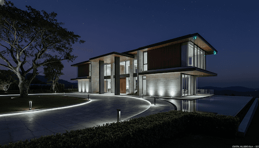 Hillside villa after hours in security mode — cool 5000K perimeter flood, all interior rooms dark, camera-corner LEDs visible.