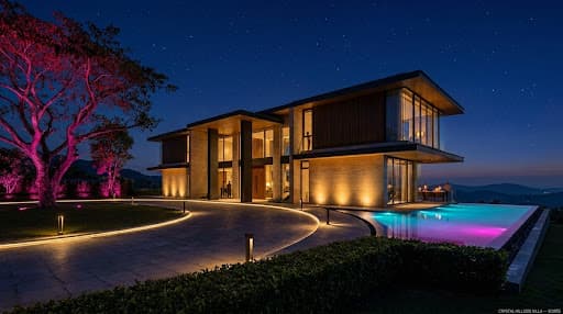 Hillside villa during a cocktail party — façade dimmed, tree canopy in magenta RGB, pool in cyan-to-magenta gradient, warm interior with guests suggested.