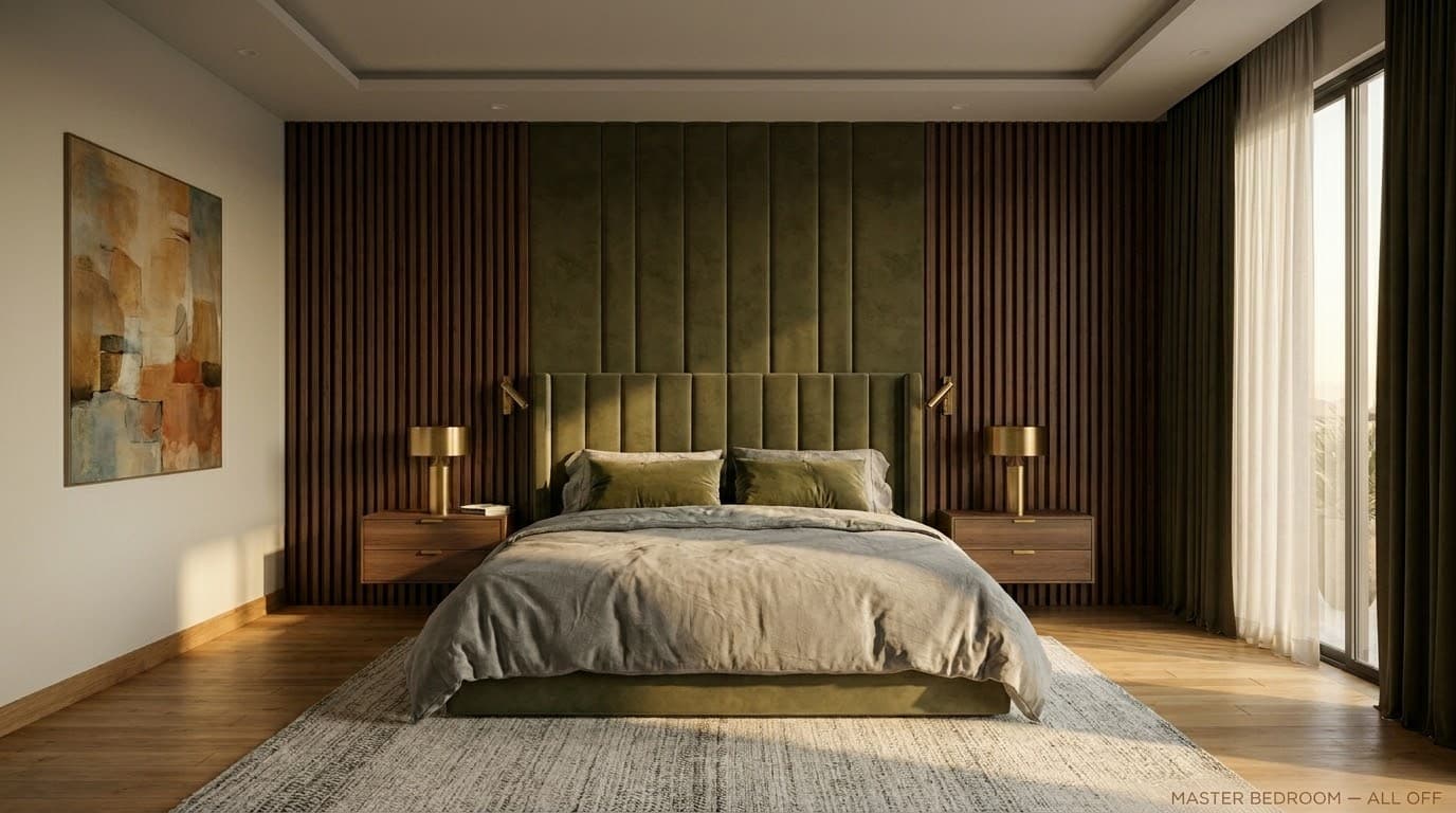 Master bedroom in neutral daylight, lights off, curtains drawn back.