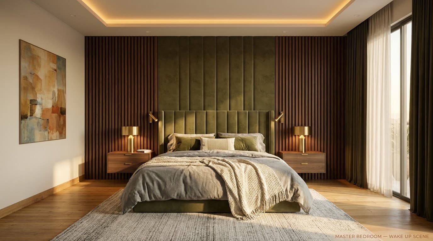 Master bedroom at morning, curtains open with golden sunlight, bedside lamps glowing softly.