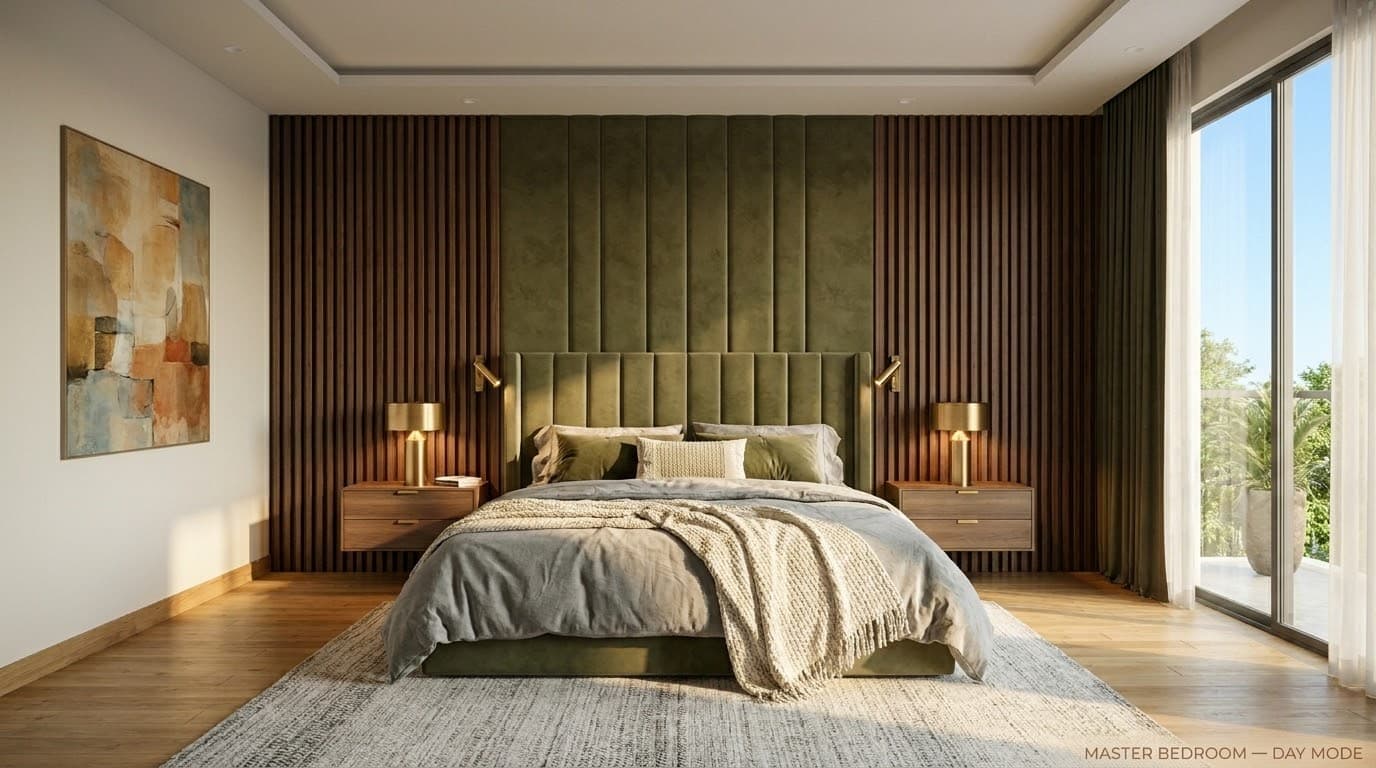 Master bedroom in diffused afternoon daylight, sheer curtain closed, all lamps off.