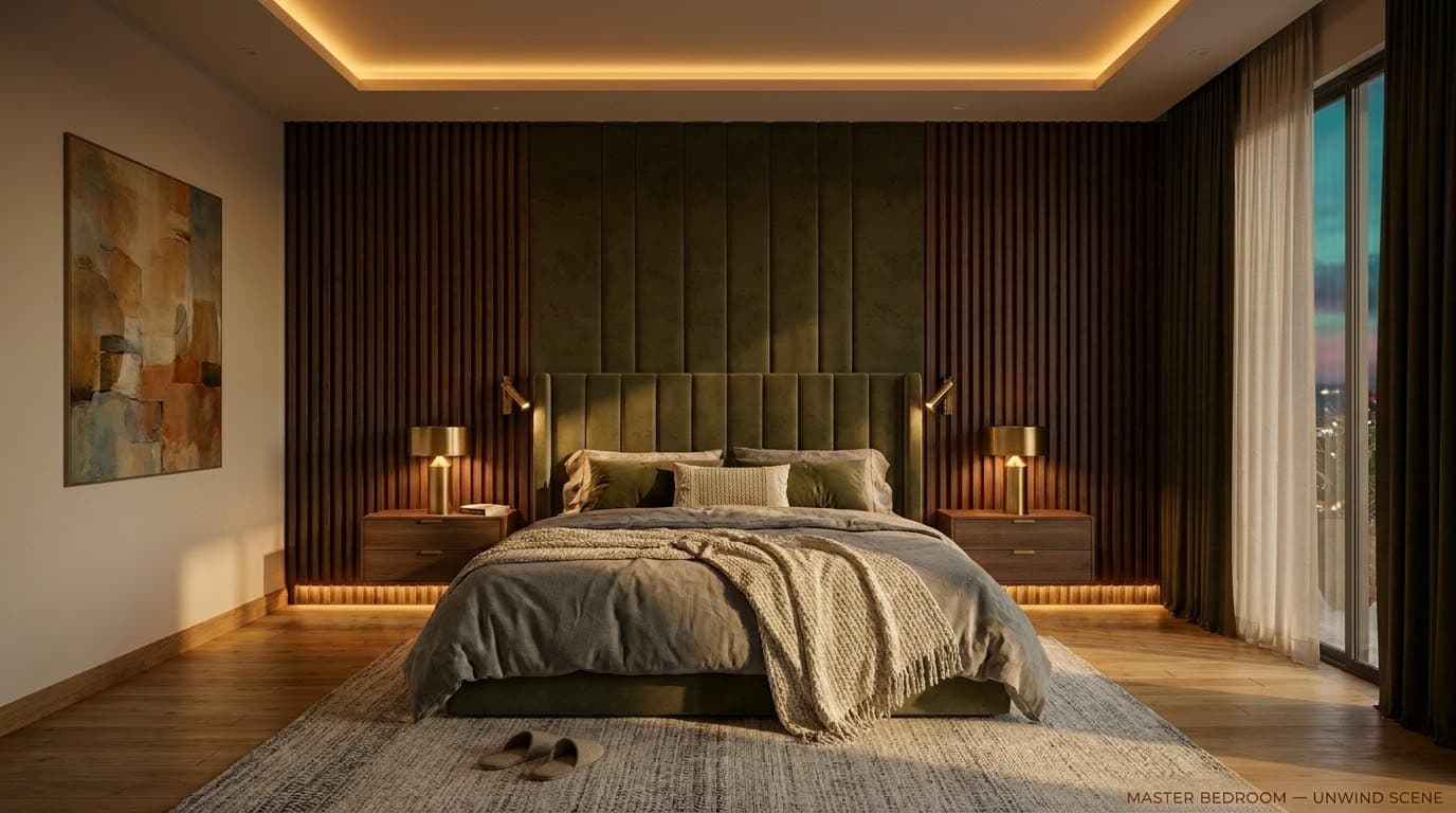 Master bedroom at evening, cove and lamps lit warm, curtains fully closed.