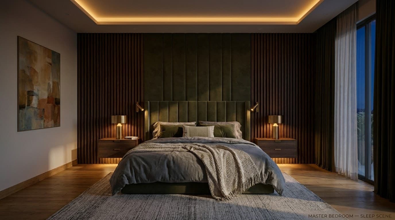 Master bedroom at night, all lights off except a faint pathway glow at floor level.
