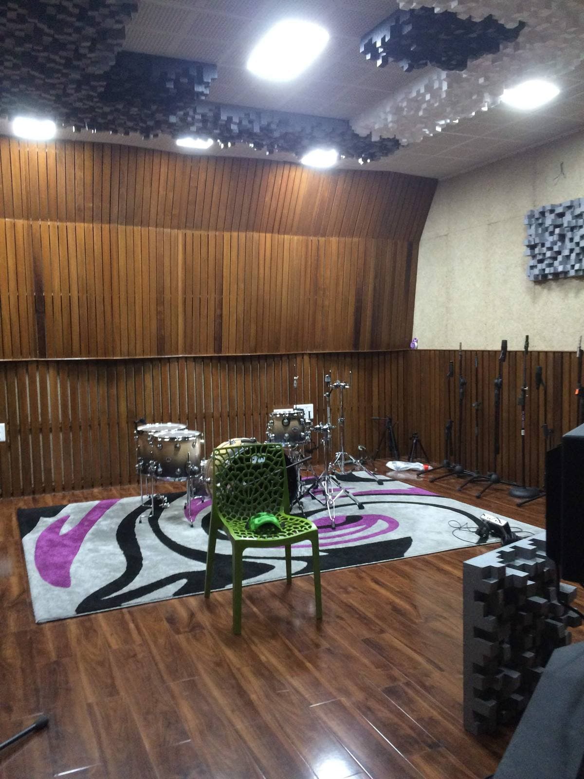 Recording Studio Naharlagun — live tracking room with timber-slat walls, ceiling diffusion and microphone stands