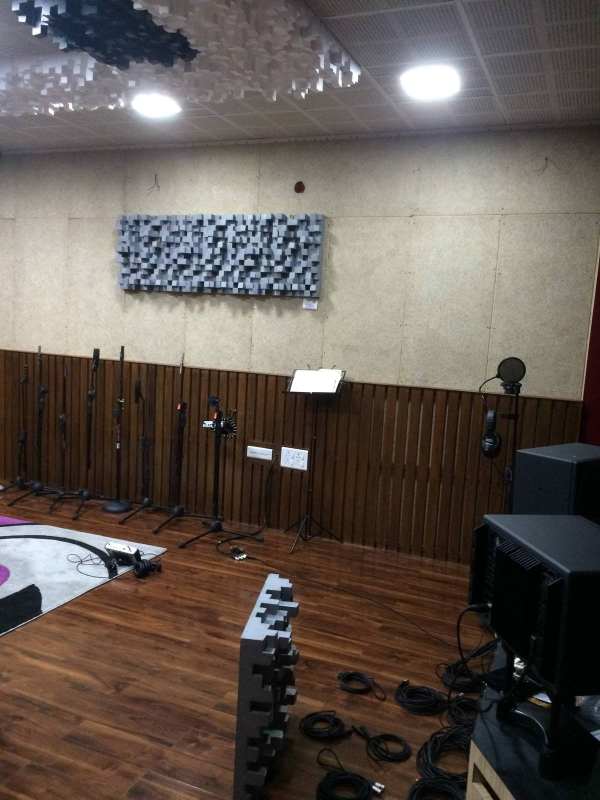 Recording Studio Naharlagun — tracking room microphone-stand array with broadband acoustic panel