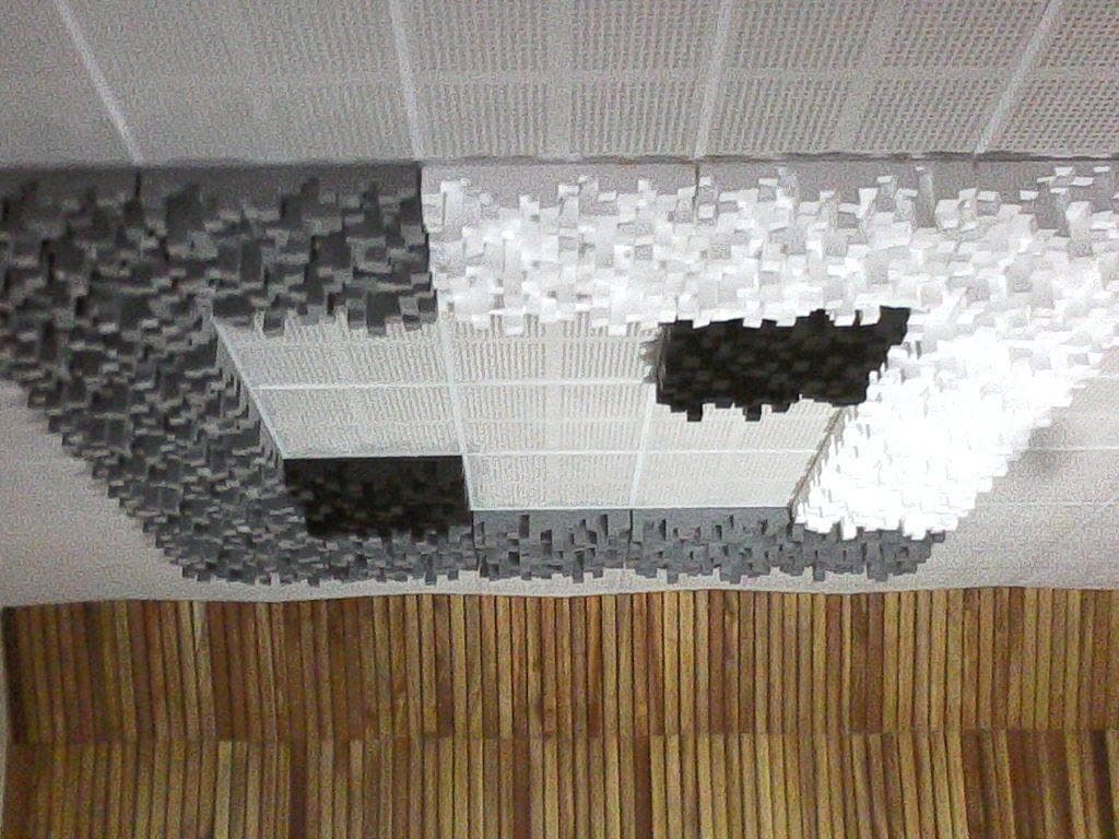 Recording Studio Naharlagun — ceiling acoustic treatment with pixel-foam diffusion on a 2×2 suspended grid