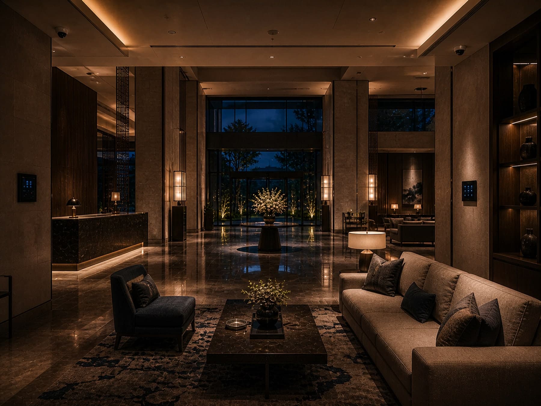 Hospitality lobby — guest-room scene control, considered AV, hospitality-grade BMS.