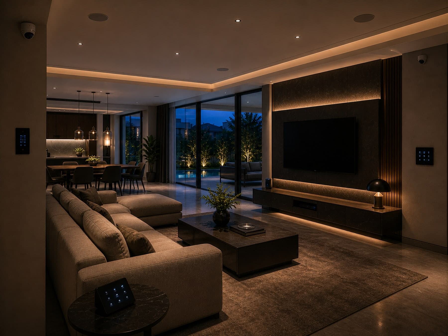 Premium residence interior — smart-home keypad, considered lighting, drapery.