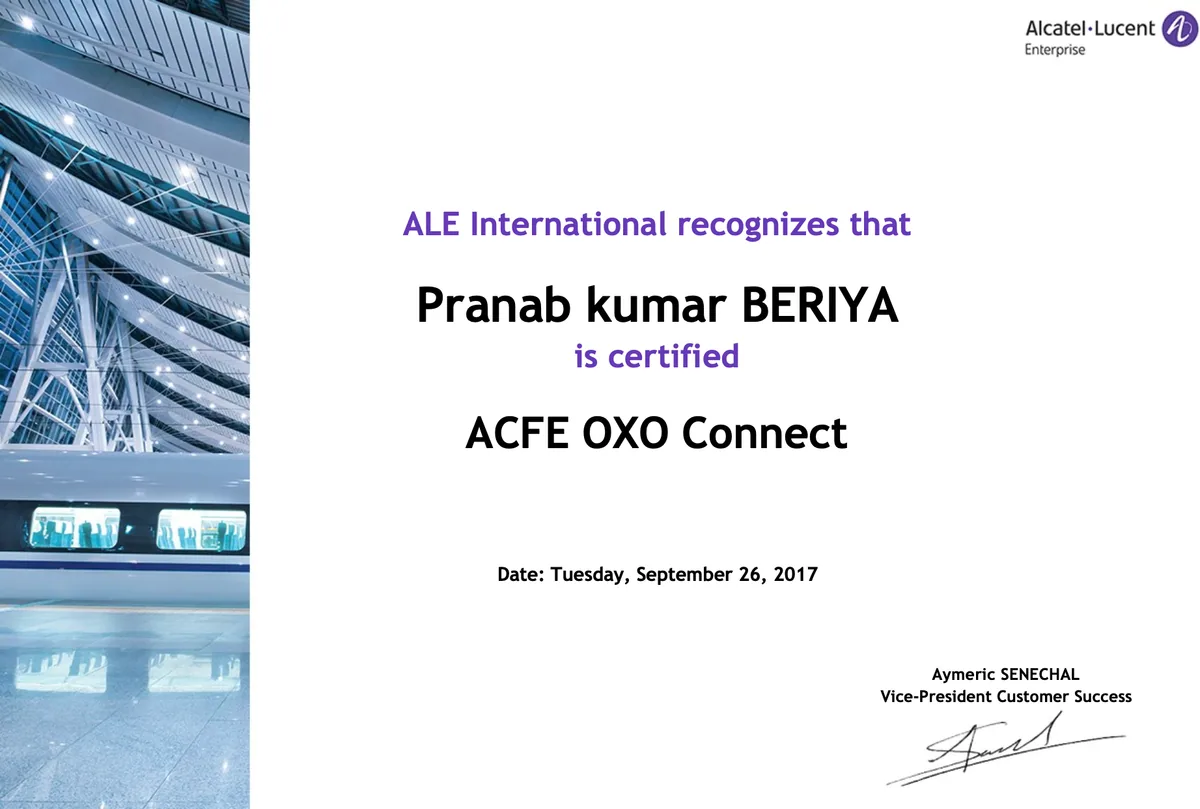 Alcatel-Lucent Enterprise ACFE OXO Connect certificate awarded to Pranab Kumar Beriya, September 2017