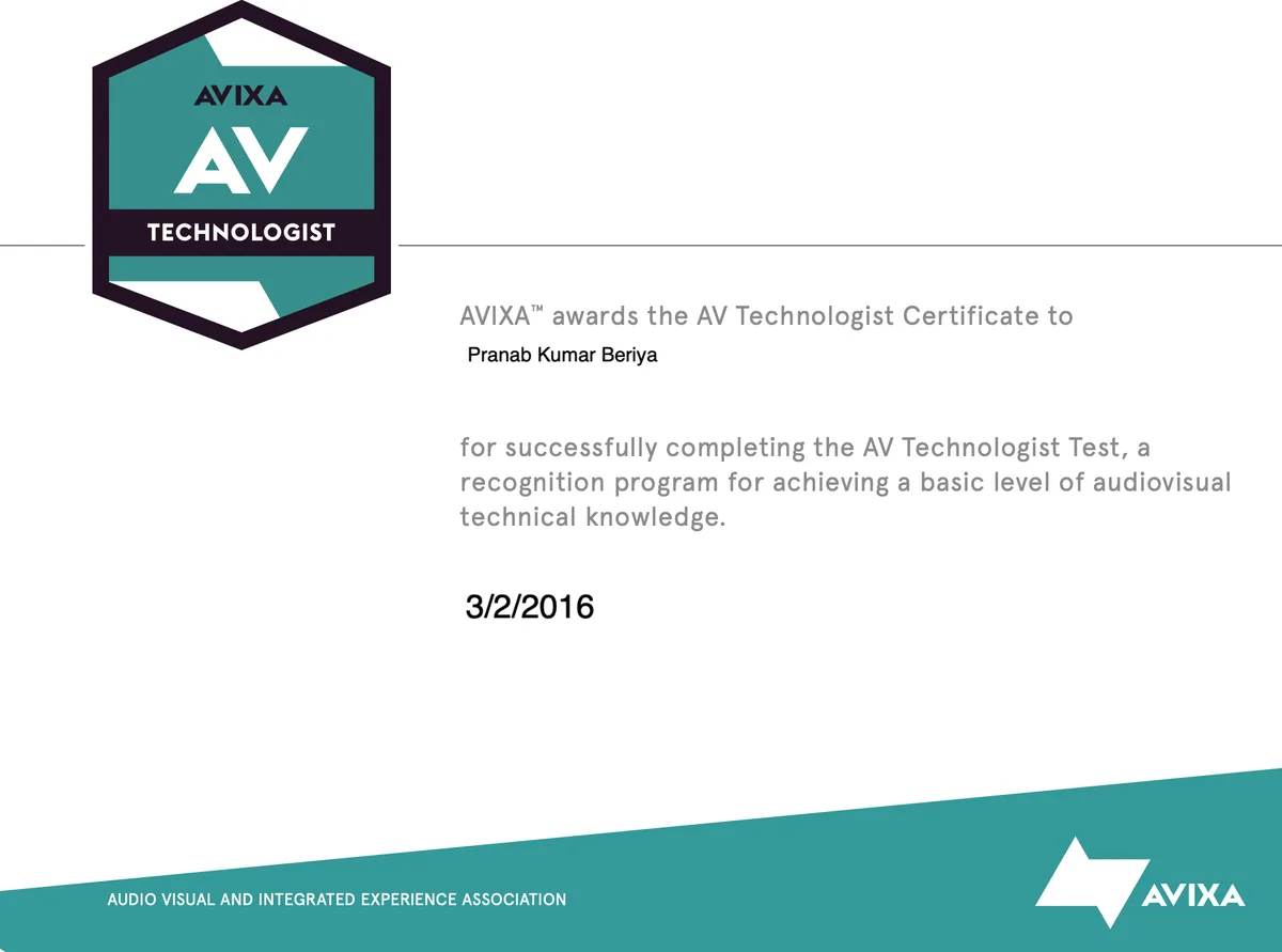 AVIXA AV Technologist Certificate issued to Pranab Kumar Beriya, March 2016