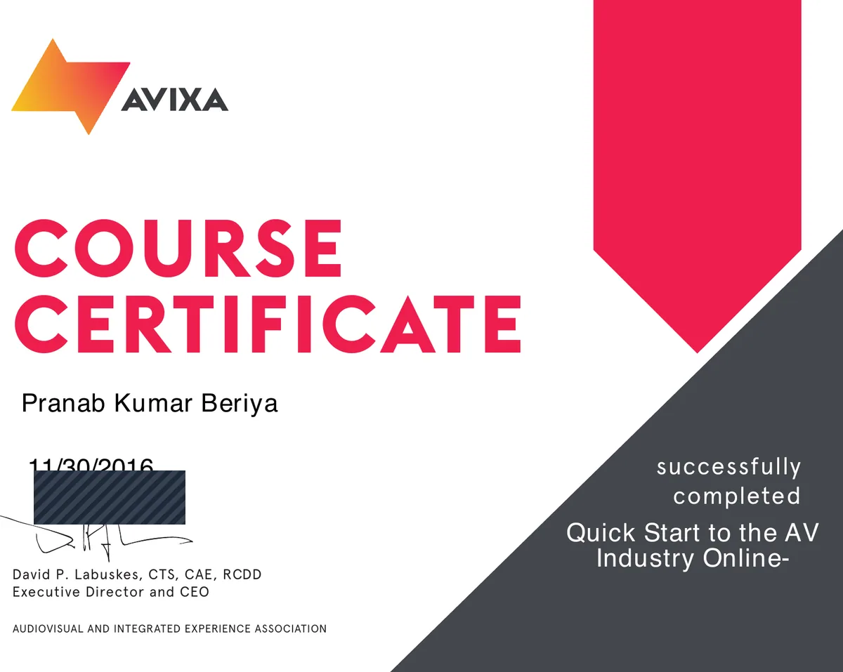 AVIXA Course Certificate — Quick Start to the AV Industry Online — Pranab Kumar Beriya, 30 November 2016