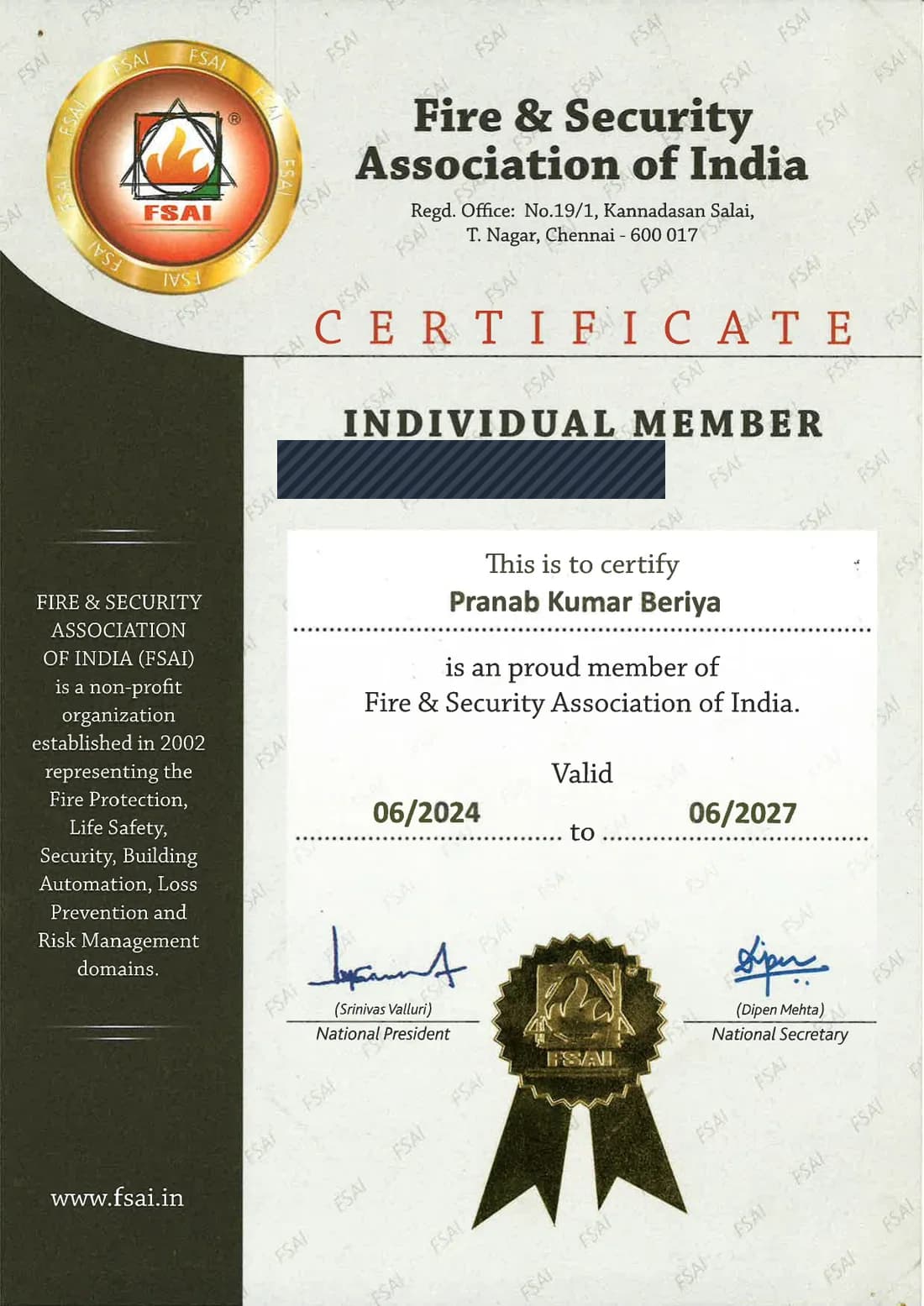 Fire & Security Association of India Individual Member certificate issued to Pranab Kumar Beriya, valid 06/2024 to 06/2027