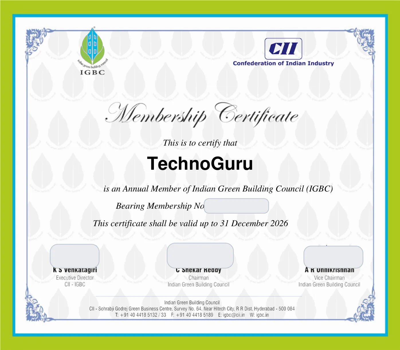 Indian Green Building Council Annual Member certificate issued to TechnoGuru, valid up to 31 December 2026 — membership number and signatures masked