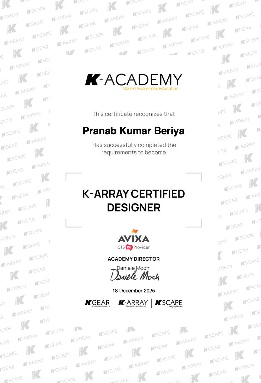 K-Academy K-Array Certified Designer certificate issued to Pranab Kumar Beriya, December 2025