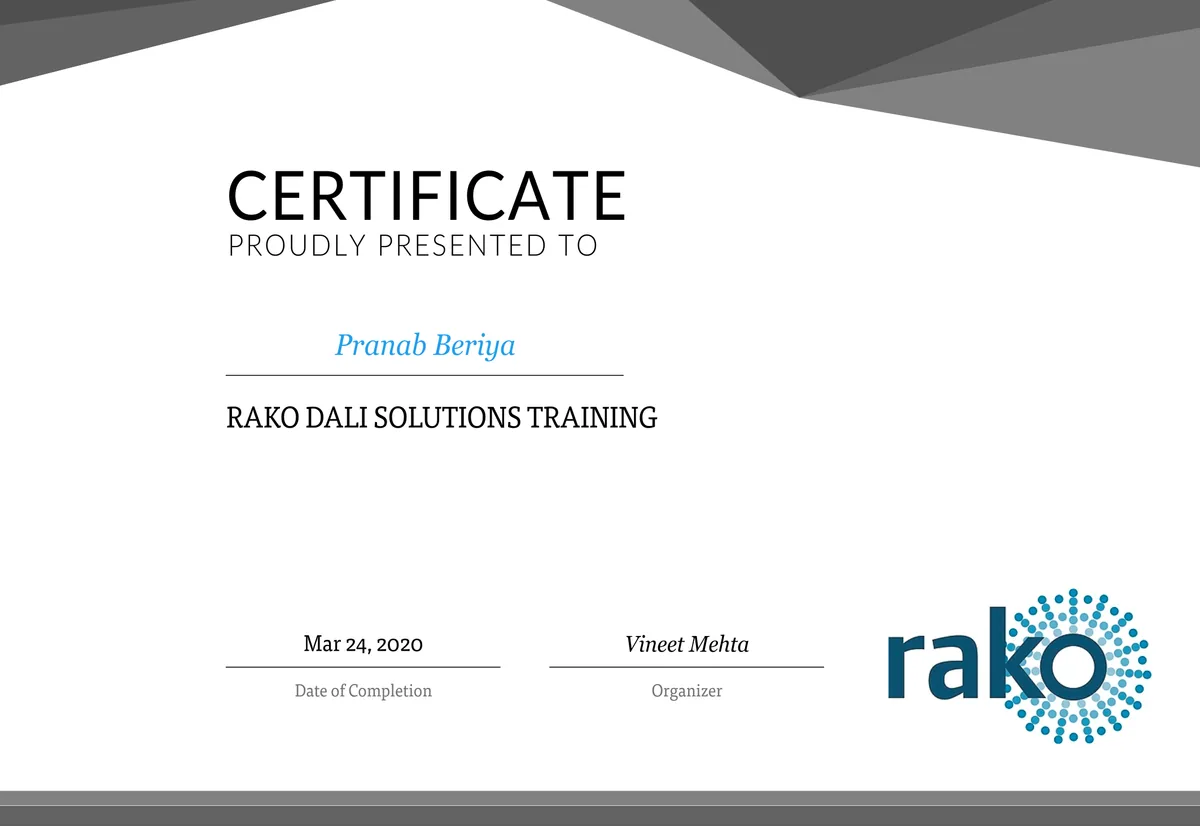 Rako Controls DALI Solutions Training certificate awarded to Pranab Beriya, March 2020