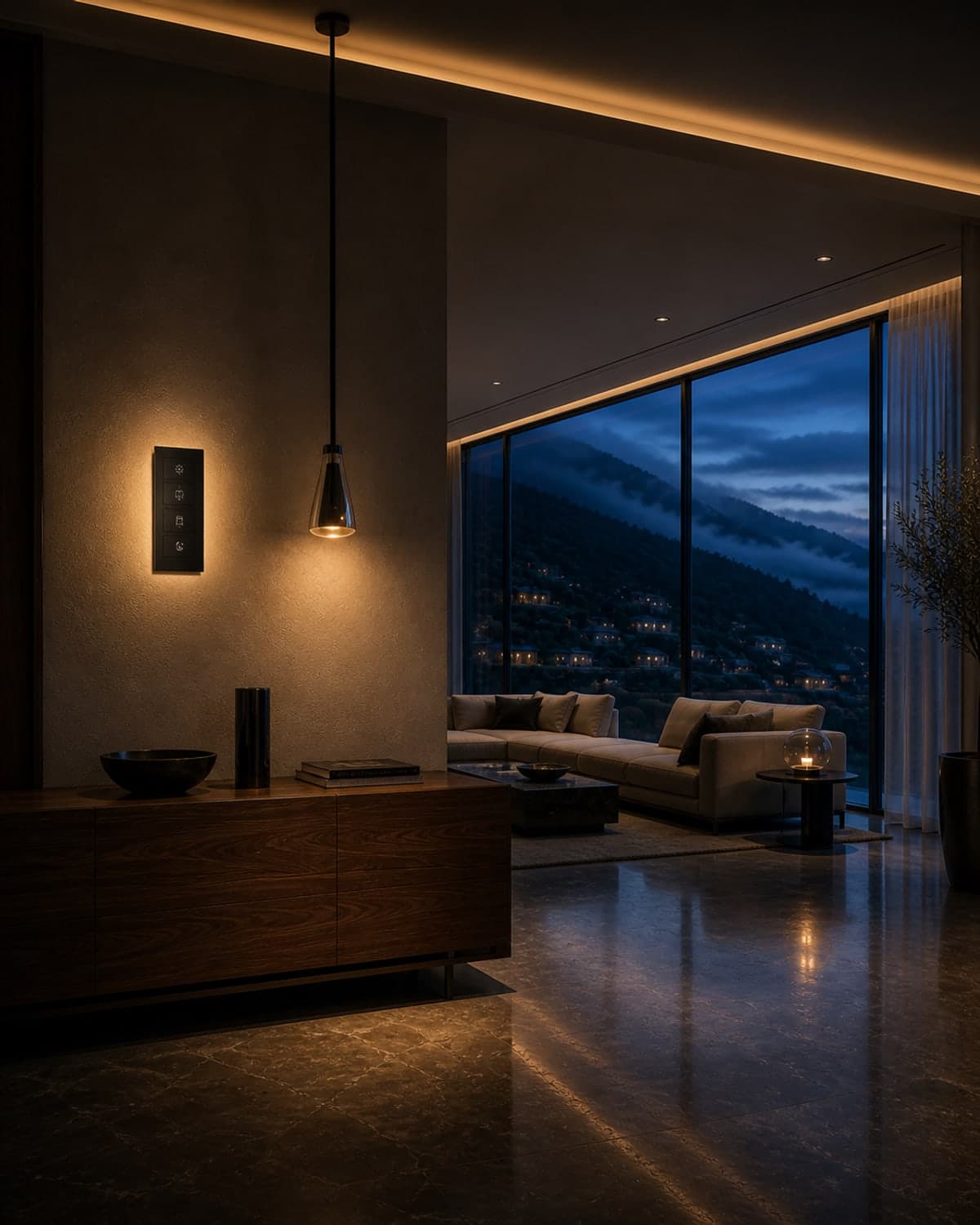 Dark architectural villa at twilight with warm interior glow