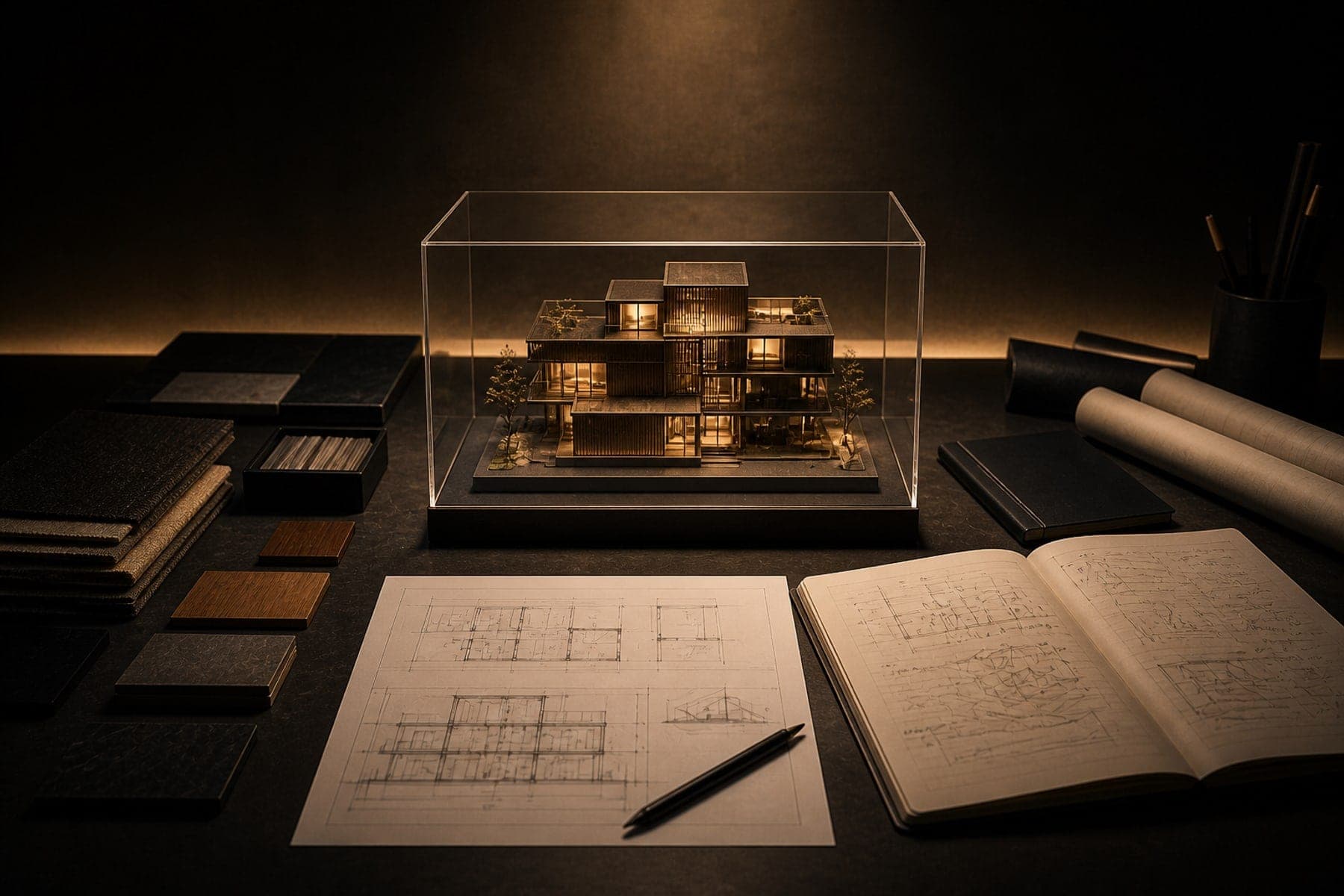 Method board — pinned schedules, drawings and a written brief running underneath.