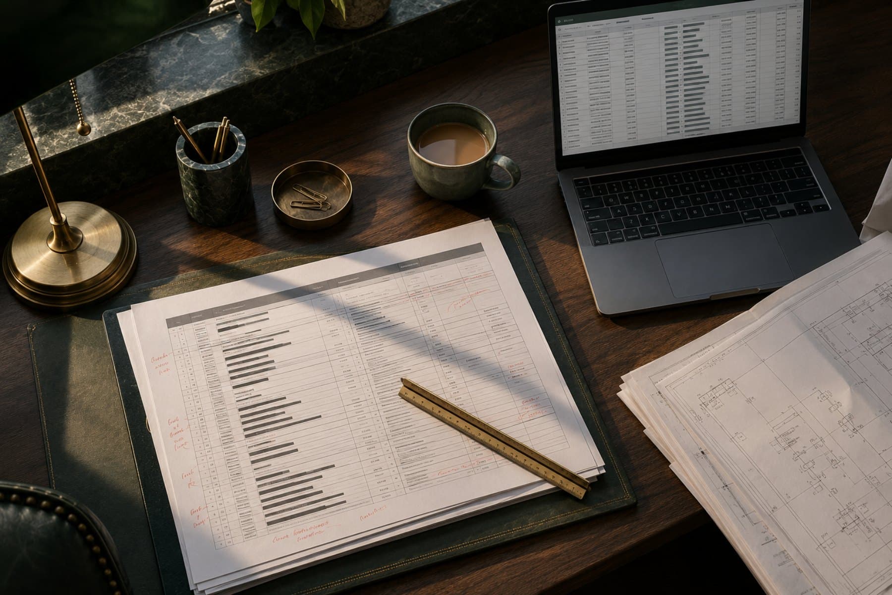 TechnoGuru engineering planning surface — printed drawings, BOQ pages with margin annotations, brass scale-rule and a laptop with a redacted spreadsheet.