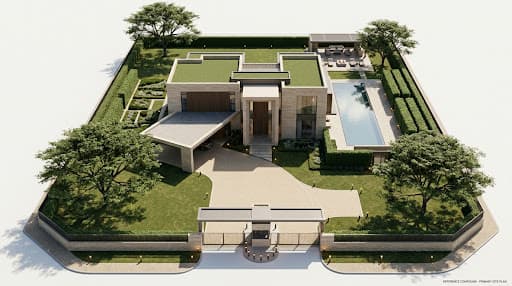 Photoreal aerial site plan of a luxury gated residential compound — main villa, curved drive, gate, pool, garden, perimeter wall.