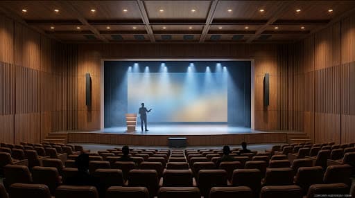 Photoreal corporate auditorium — curved tiered audience seating, wood-slat acoustic side walls, 14m proscenium with LED video backdrop, Kgear KG-K12 columns flanking the stage, lectern lit cool, audience silhouettes in the front rows.