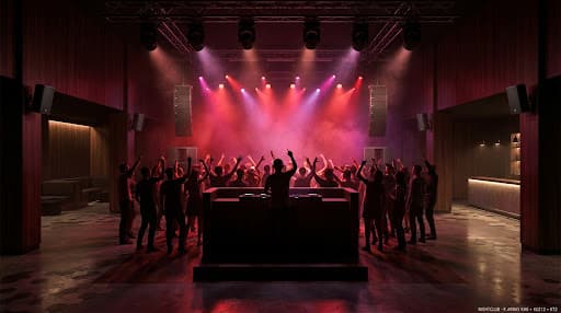 Photoreal premium nightclub interior at peak hours — K-array Kobra line array hangs frame the DJ booth, RU212 subs under the booth, magenta-and-pink moving-head lights pierce through haze, packed dancefloor of silhouetted dancers with arms raised.