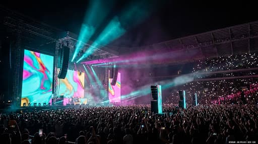 Photoreal stadium concert at night — 12,000-capacity bowl packed with phone-light silhouettes, JBL VTX-A12 line array hangs flanking the stage, VTX-B28 sub array at stage front, cyan and magenta concert lighting beams piercing the night sky.