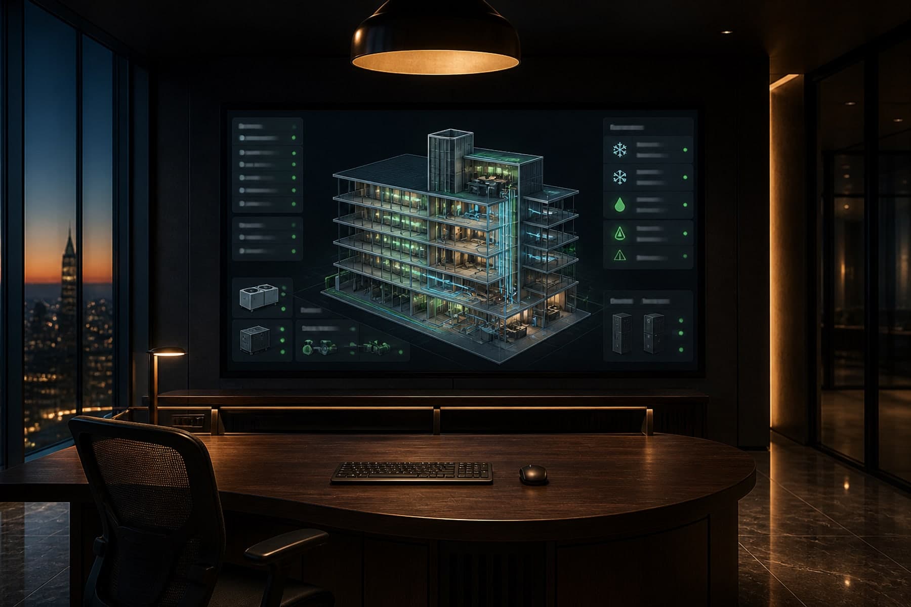 Building management system dashboard with HVAC zones, energy and lighting overview.