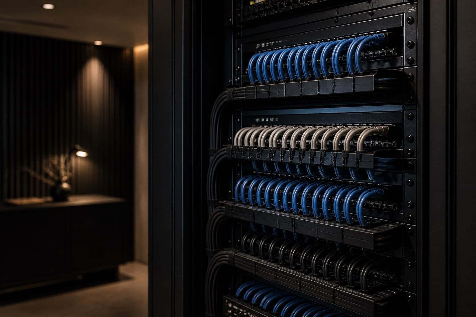Structured cabling close-up — Cat6A trunks, dressed pathways and labelled terminations.