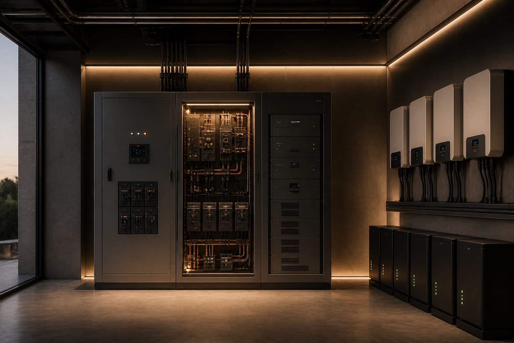 Battery Energy Storage (BESS) — representative visual (illustrative scene, not a project photograph)