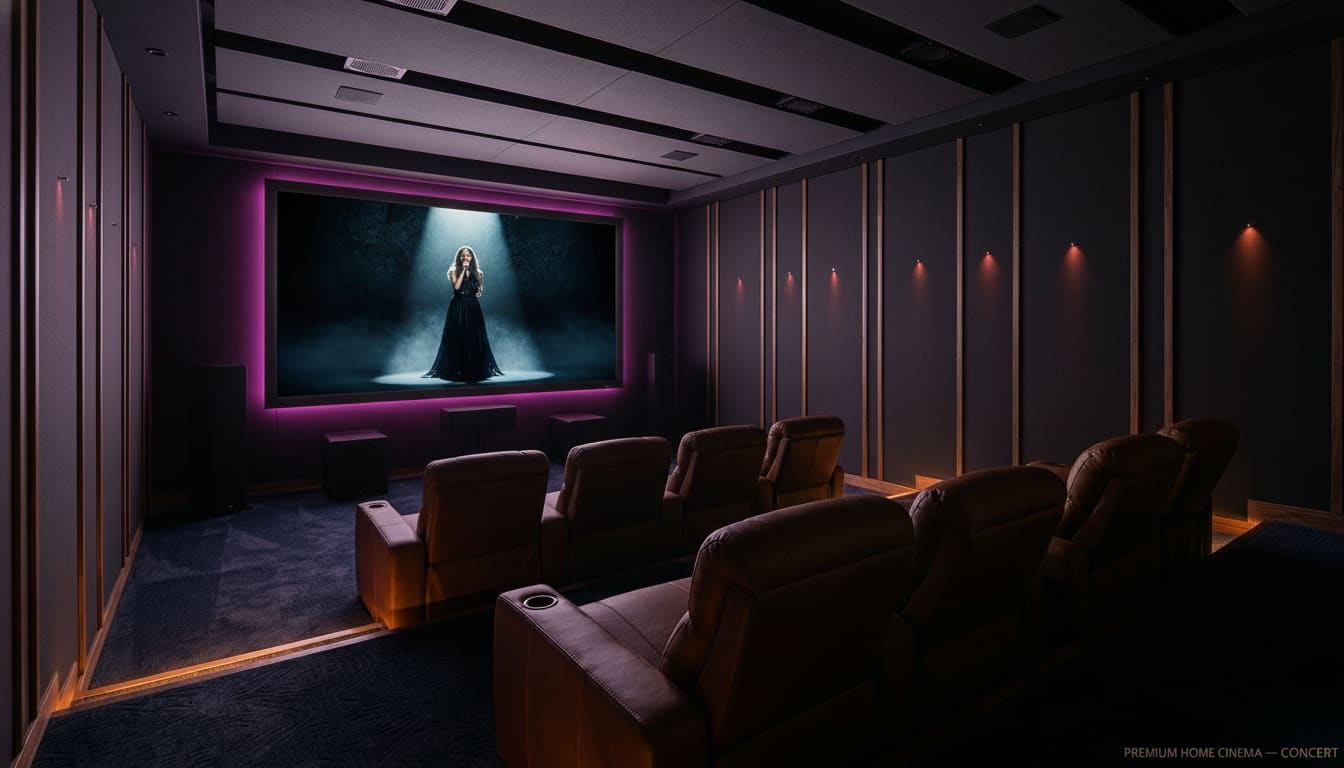 Premium home cinema — Concert scene · photoreal 3D render