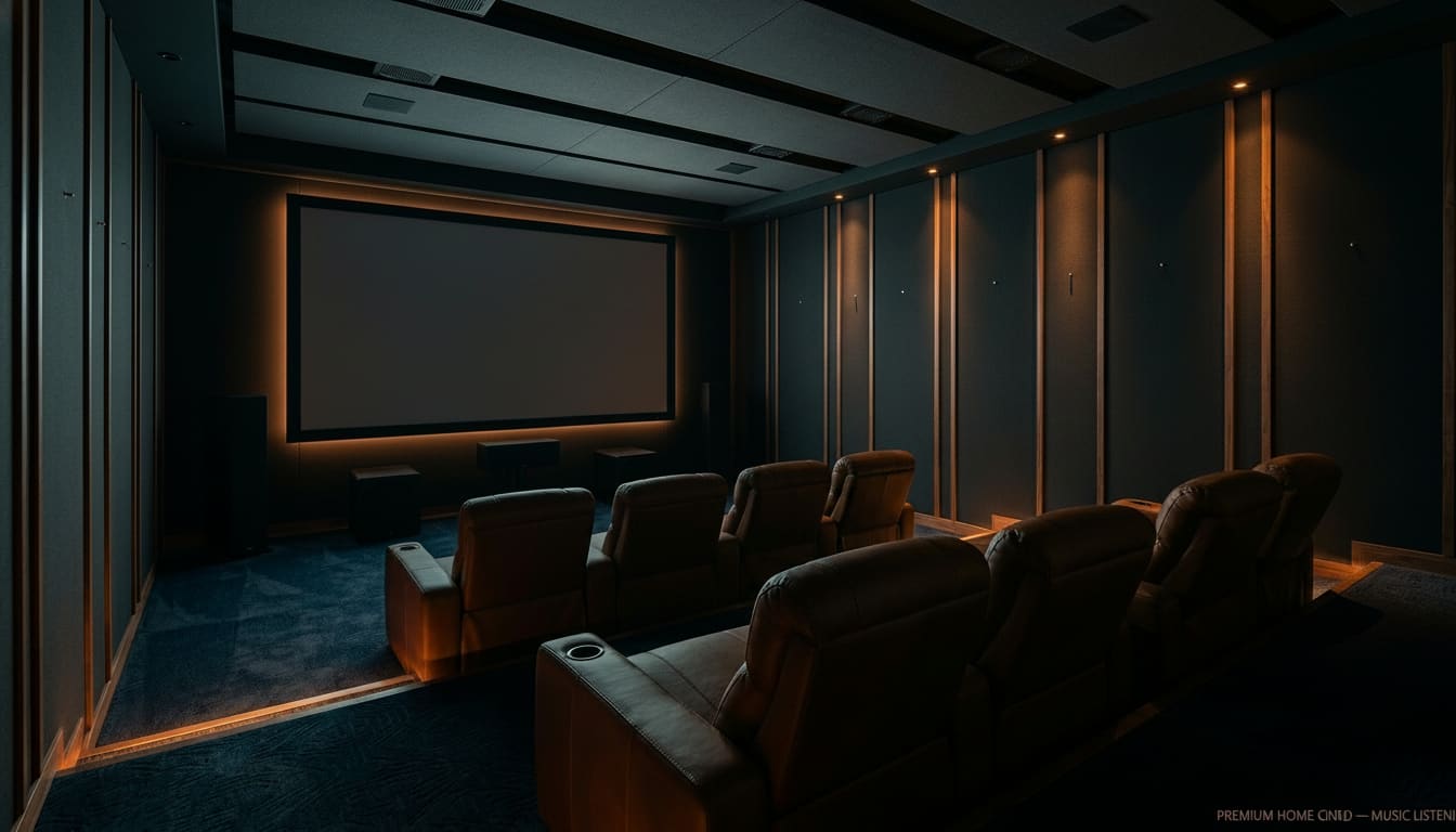 Premium home cinema — Music Listening scene · photoreal 3D render