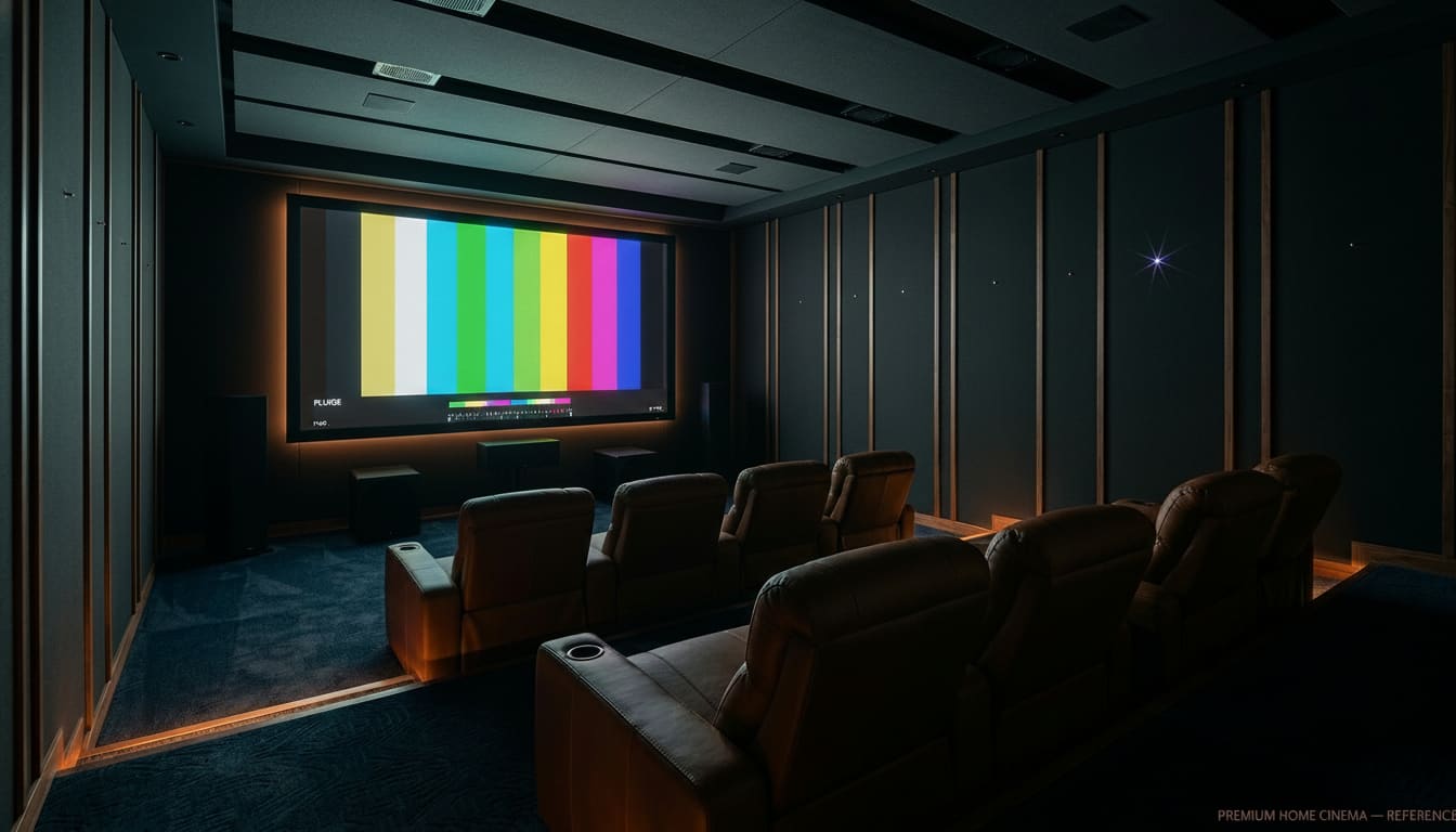 Premium home cinema — Reference scene · photoreal 3D render