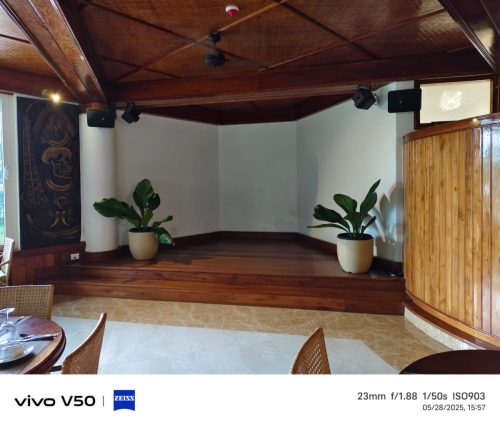 Noune Resort lounge Dimapur — bamboo ceiling, mounted speakers, decorative urns