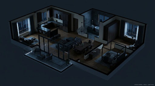 Reference luxury apartment — Away scene · isometric 3D render