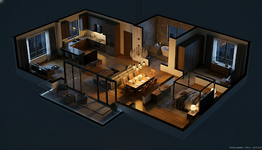 Reference luxury apartment — Dinner scene · isometric 3D render