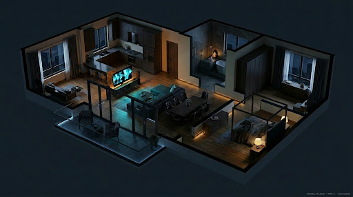 Reference luxury apartment — Film scene · isometric 3D render