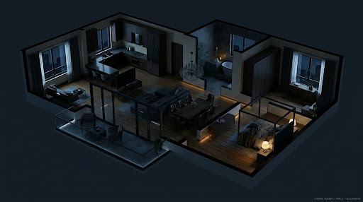 Reference luxury apartment — Goodnight scene · isometric 3D render