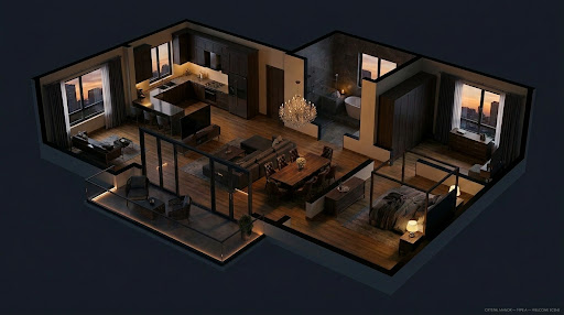 Reference luxury apartment — Welcome scene · isometric 3D render
